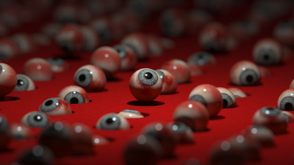 Dozens of blue glass eyes on a red background.